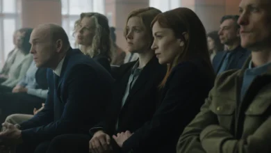 "People sit in rows in a courtroom or formal setting, dressed in business attire, attentively focused on proceedings taking place out of frame, with large windows and neutral lighting in the background."
