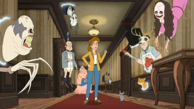 "A woman stands in a haunted hallway surrounded by bizarre and ghostly creatures, including floating spirits, a pig man, a cat, a rat, and a man with antlers and a chainsaw, in an animated setting."