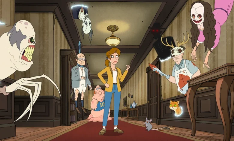 "A woman stands in a haunted hallway surrounded by bizarre and ghostly creatures, including floating spirits, a pig man, a cat, a rat, and a man with antlers and a chainsaw, in an animated setting."