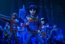 "Group of animated kids holding makeshift weapons, standing together in a dark, cave-like environment with glowing blue light and mysterious web-like structures, appearing ready for adventure or battle."