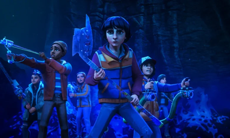 "Group of animated kids holding makeshift weapons, standing together in a dark, cave-like environment with glowing blue light and mysterious web-like structures, appearing ready for adventure or battle."